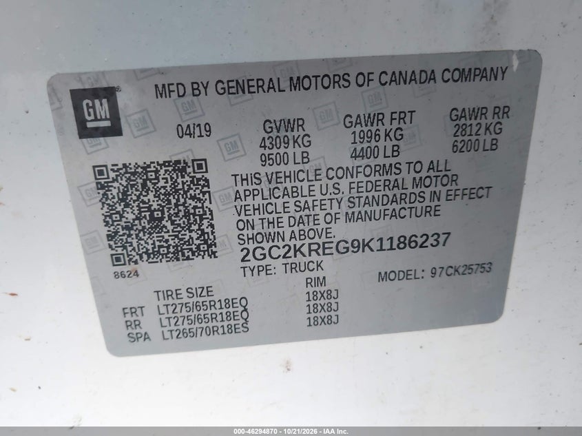 CHEVROLET SILVERADO 2500HD 2019 VIN 2GC2KREG9K1186237