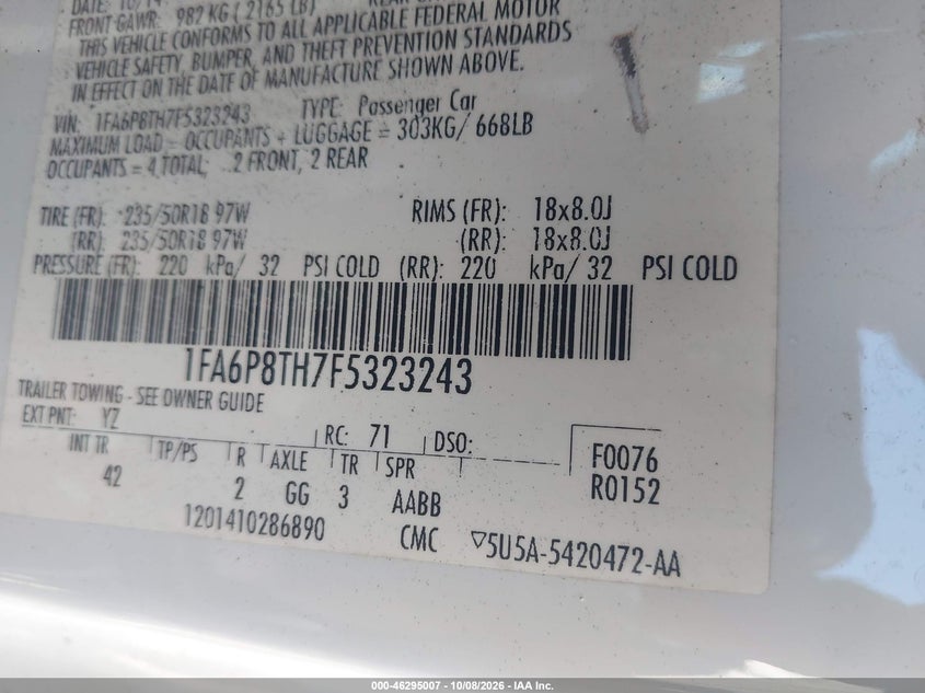 FORD MUSTANG 2015 VIN 1FA6P8TH7F5323243