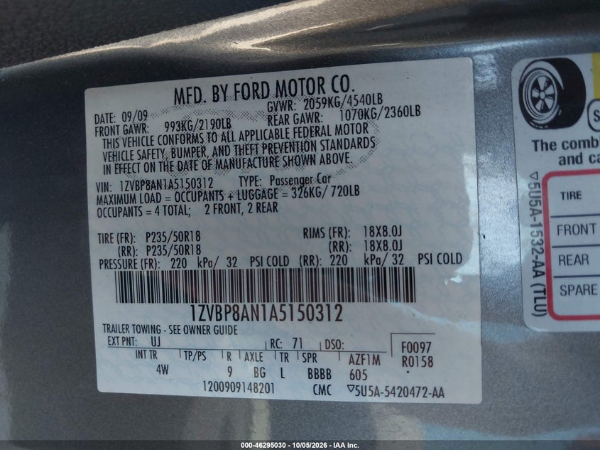 FORD MUSTANG 2010 VIN 1ZVBP8AN1A5150312