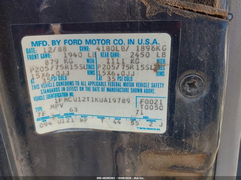 FORD BRONCO II 1989 VIN 1FMCU12T1KUA19789