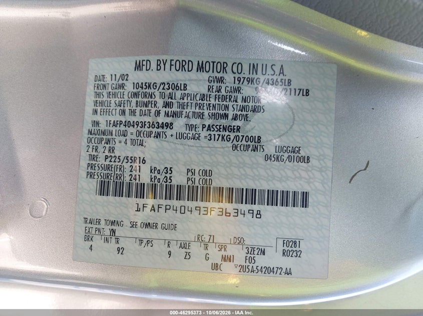 FORD MUSTANG 2003 VIN 1FAFP40493F363498