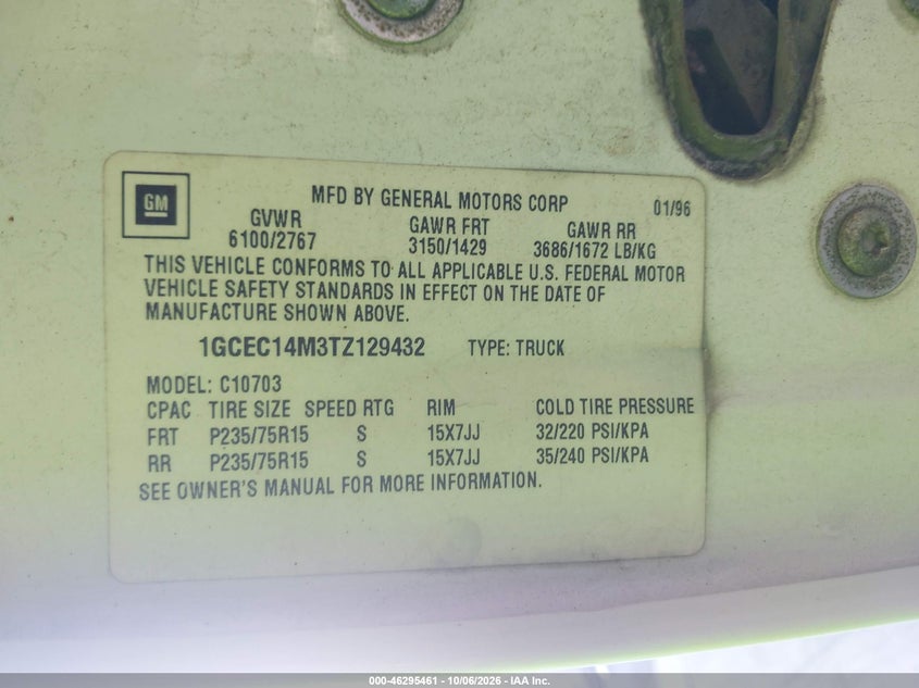 CHEVROLET GMT-400 1996 VIN 1GCEC14M3TZ129432