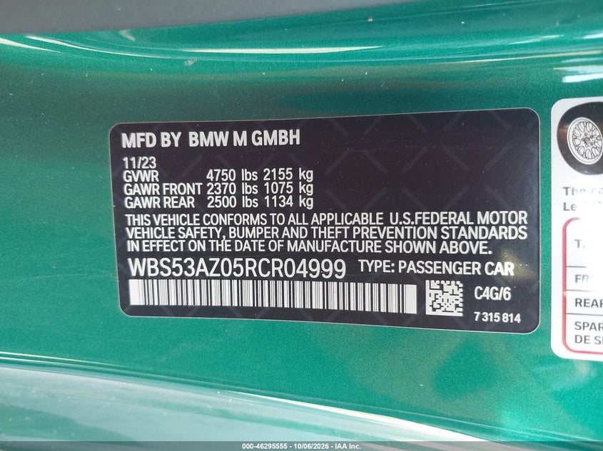 BMW M4 2024 VIN WBS53AZ05RCR04999
