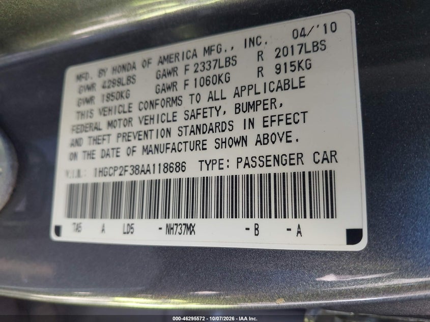 HONDA ACCORD 2010 VIN 1HGCP2F38AA118686