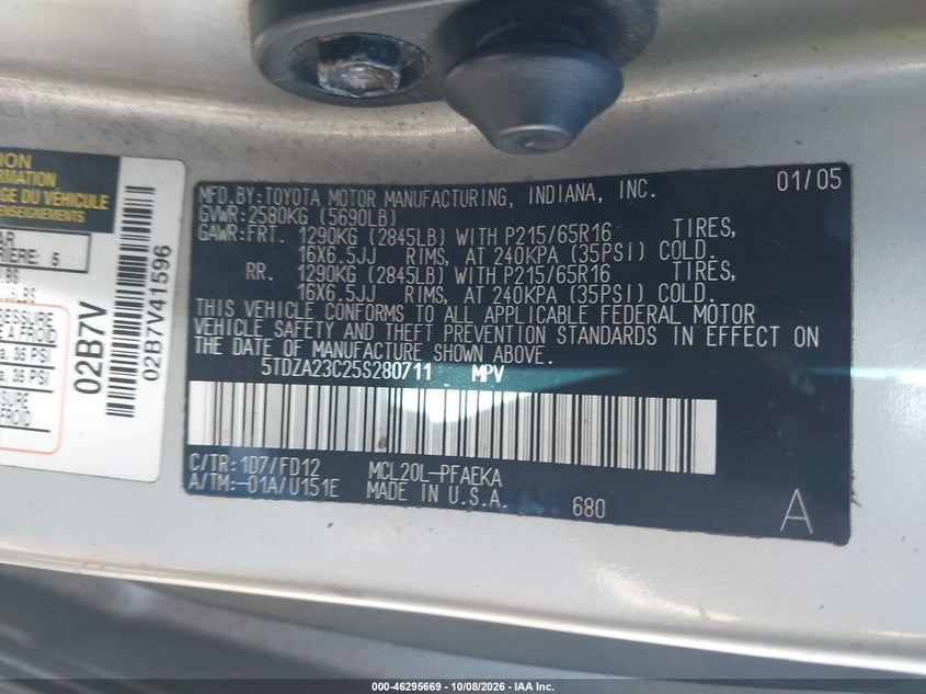TOYOTA SIENNA 2005 VIN 5TDZA23C25S280711
