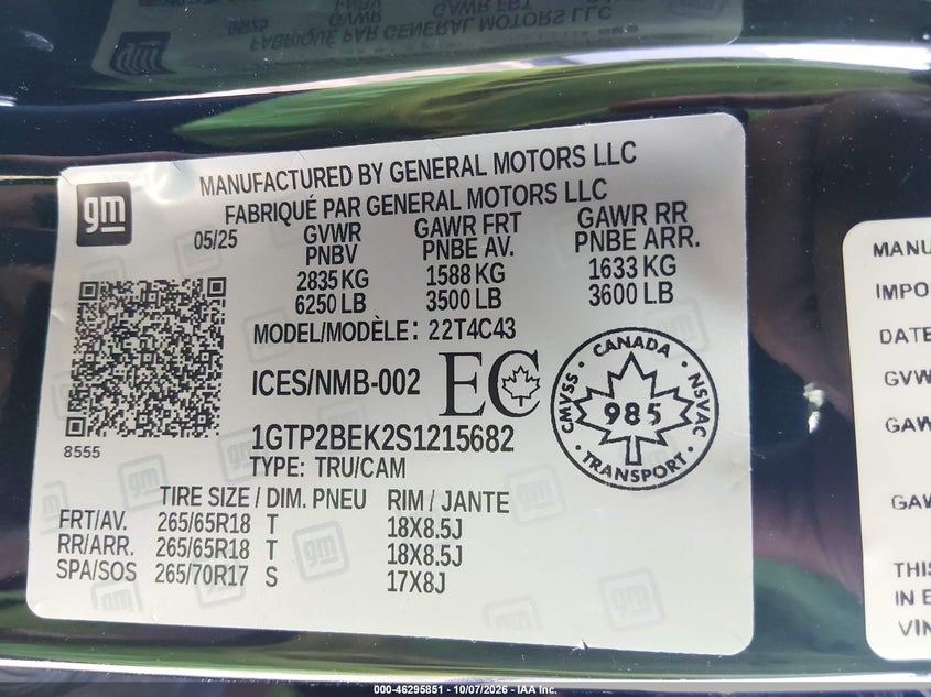 GMC CANYON 2025 VIN 1GTP2BEK2S1215682