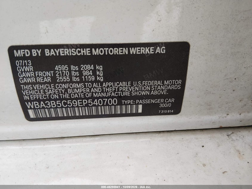 2014 BMW 328I VIN WBA3B5C59EP540700 — фото 9