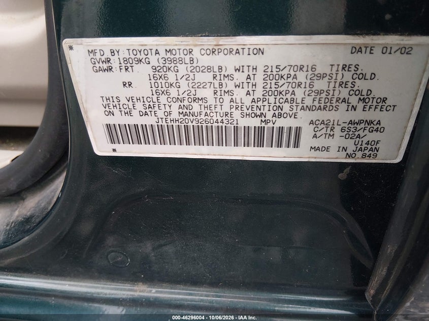 TOYOTA RAV4 2002 VIN JTEHH20V926044321