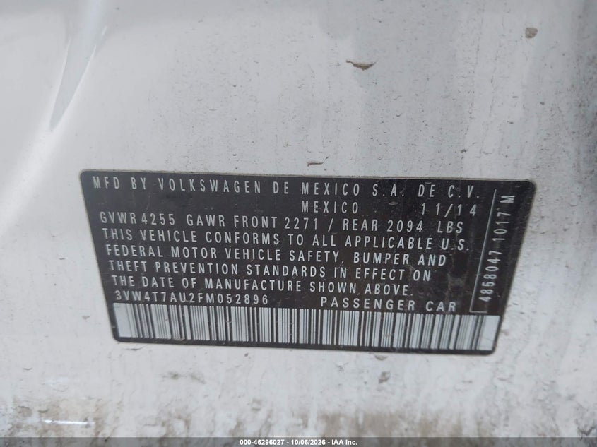 VOLKSWAGEN GOLF GTI 2015 VIN 3VW4T7AU2FM052896