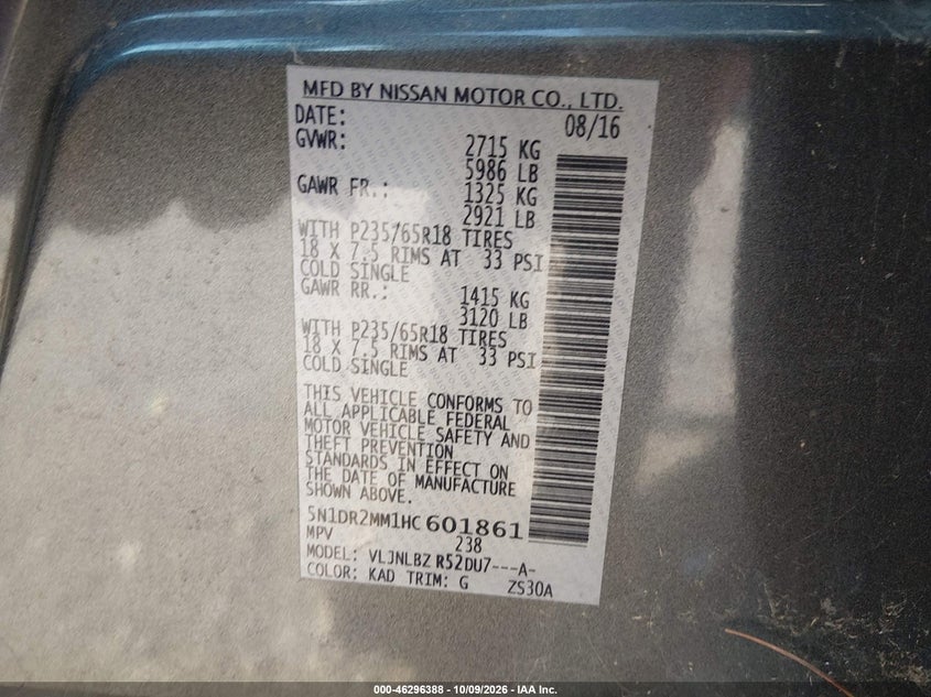 NISSAN PATHFINDER 2017 VIN 5N1DR2MM1HC601861