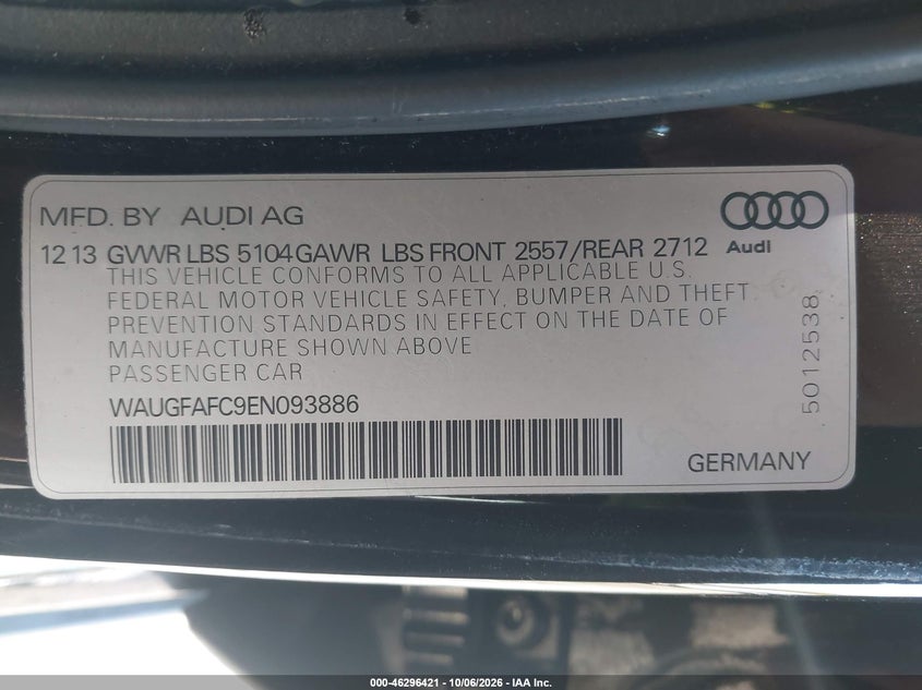 AUDI A6 2014 VIN WAUGFAFC9EN093886