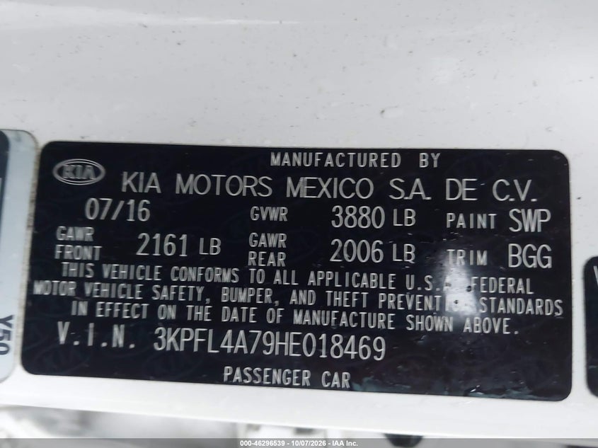 KIA FORTE 2017 VIN 3KPFL4A79HE018469