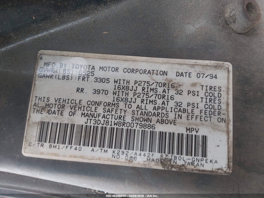 TOYOTA LAND CRUISER 1994 VIN JT3DJ81W8R0079886
