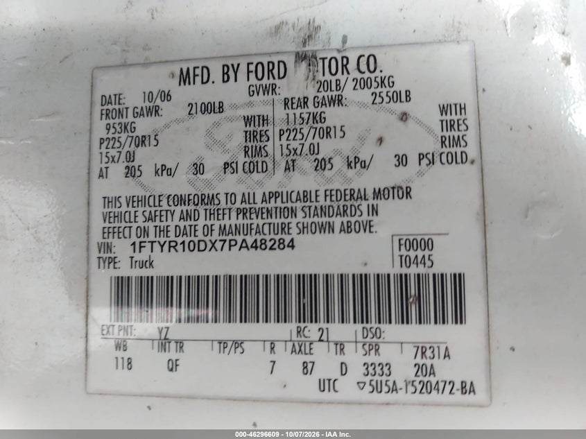 FORD RANGER 2007 VIN 1FTYR10DX7PA48284