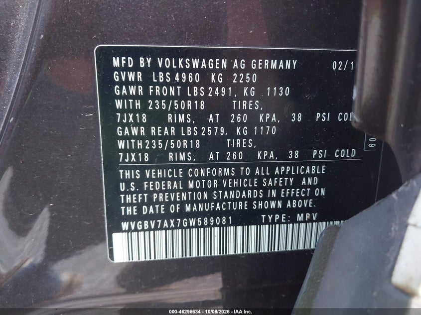 VOLKSWAGEN TIGUAN 2016 VIN WVGBV7AX7GW589081