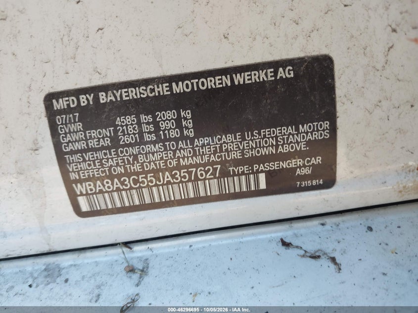 BMW 320I 2018 VIN WBA8A3C55JA357627