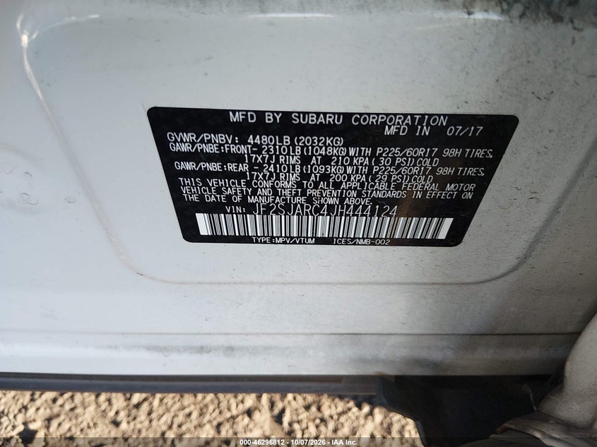 SUBARU FORESTER 2018 VIN JF2SJARC4JH444124