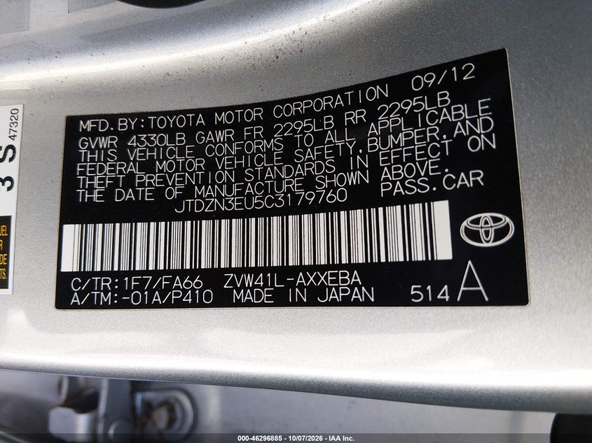 TOYOTA PRIUS V 2012 VIN JTDZN3EU5C3179760