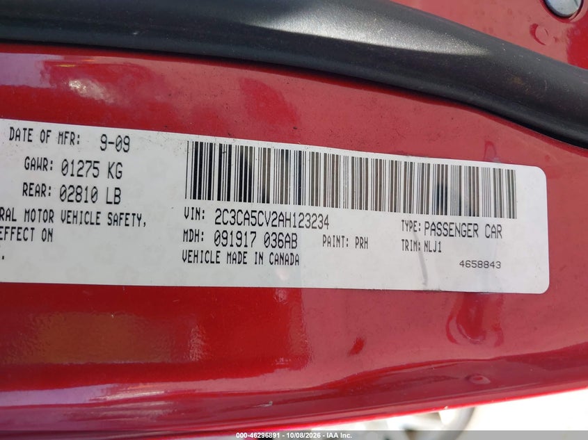 CHRYSLER 300 2010 VIN 2C3CA5CV2AH123234
