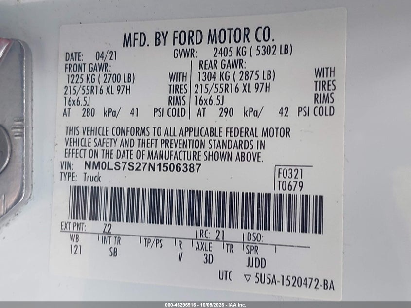 FORD TRANSIT CONNECT 2022 VIN NM0LS7S27N1506387