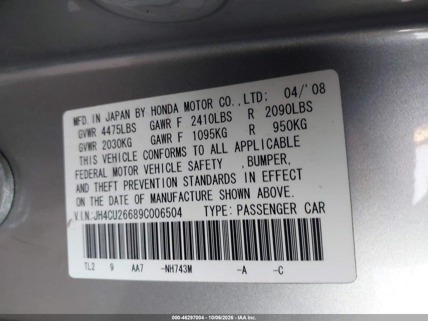 ACURA TSX 2009 VIN JH4CU26689C006504