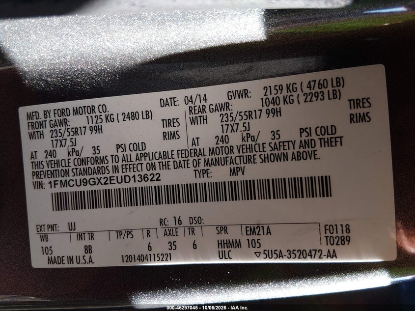 FORD ESCAPE 2014 VIN 1FMCU9GX2EUD13622