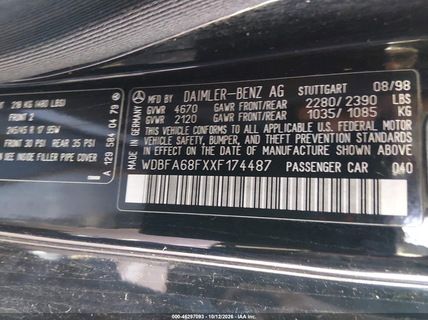 MERCEDES-BENZ SL 500 1999 VIN WDBFA68FXXF174487