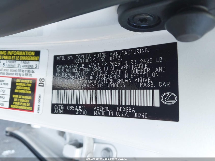 LEXUS ES 300H 2020 VIN 58AE21B12LU010655
