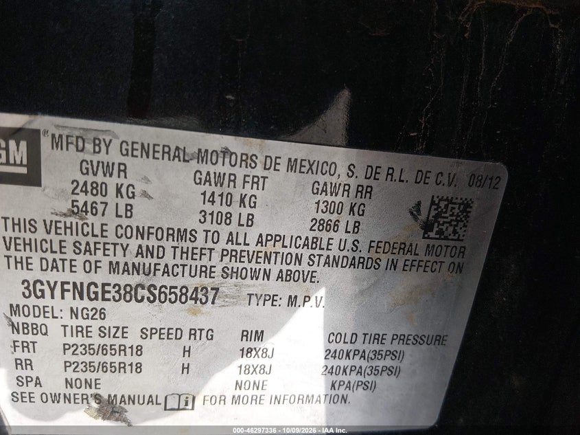 CADILLAC SRX 2012 VIN 3GYFNGE38CS658437