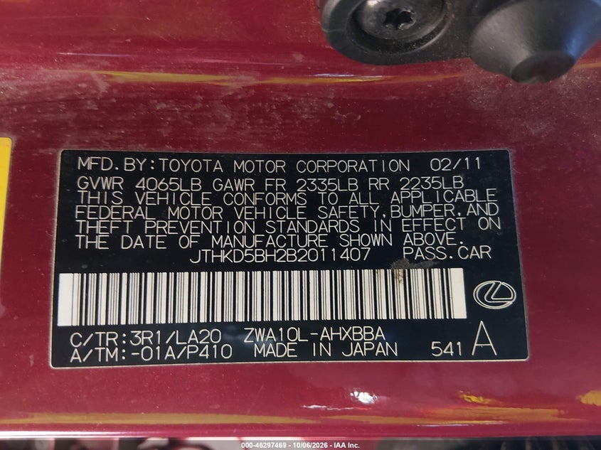 LEXUS CT 200H 2011 VIN JTHKD5BH2B2011407