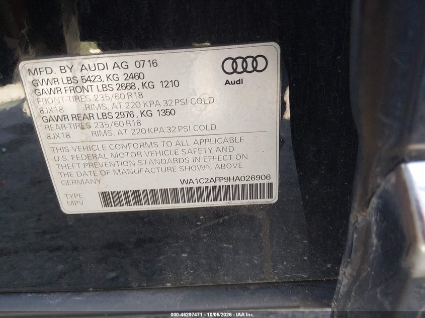 AUDI Q5 2017 VIN WA1C2AFP9HA026906