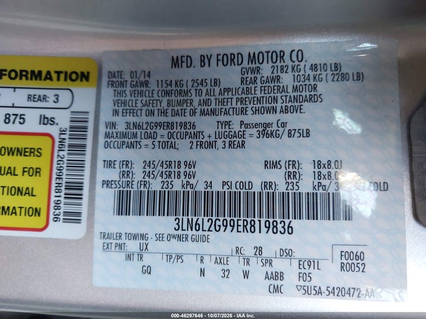 LINCOLN MKZ 2014 VIN 3LN6L2G99ER819836