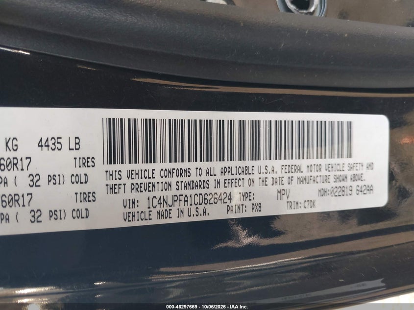 JEEP PATRIOT 2012 VIN 1C4NJPFA1CD626424