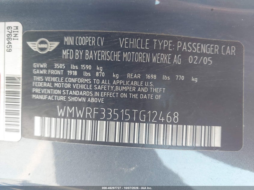 MINI COOPER 2005 VIN WMWRF33515TG12468