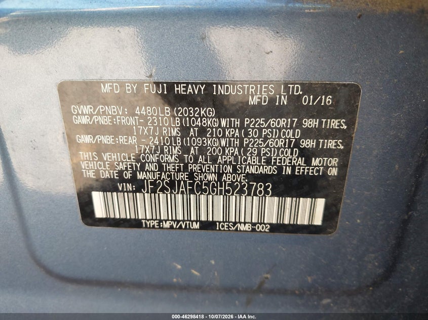 SUBARU FORESTER 2016 VIN JF2SJAFC5GH523783