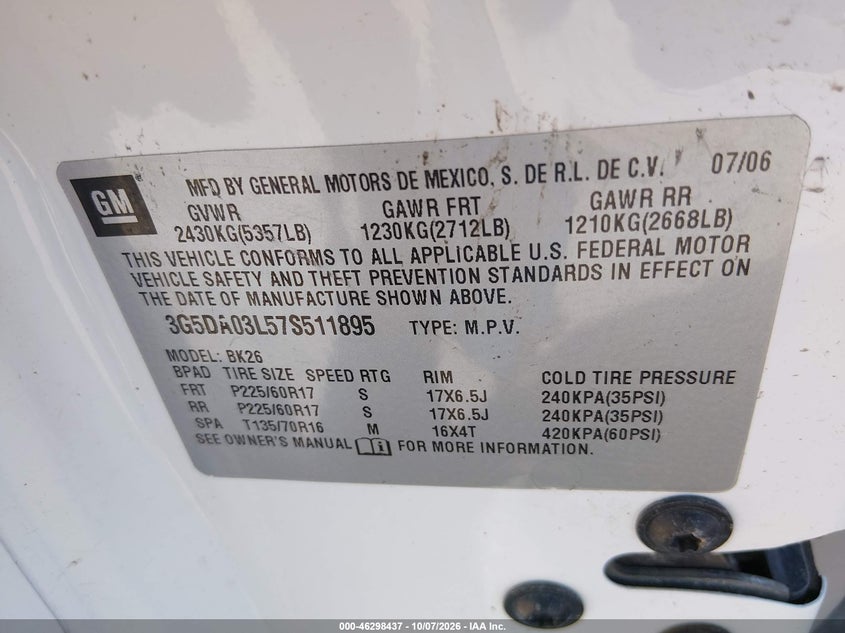 BUICK RENDEZVOUS 2007 VIN 3G5DA03L57S511895