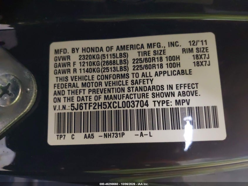 HONDA CROSSTOUR 2012 VIN 5J6TF2H5XCL003704