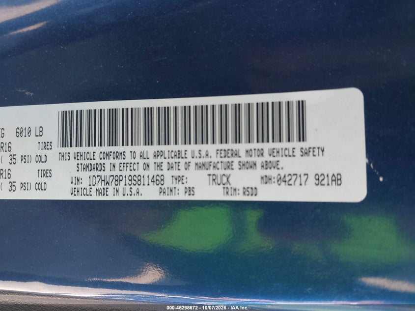 DODGE DAKOTA 2009 VIN 1D7HW78P19S811468