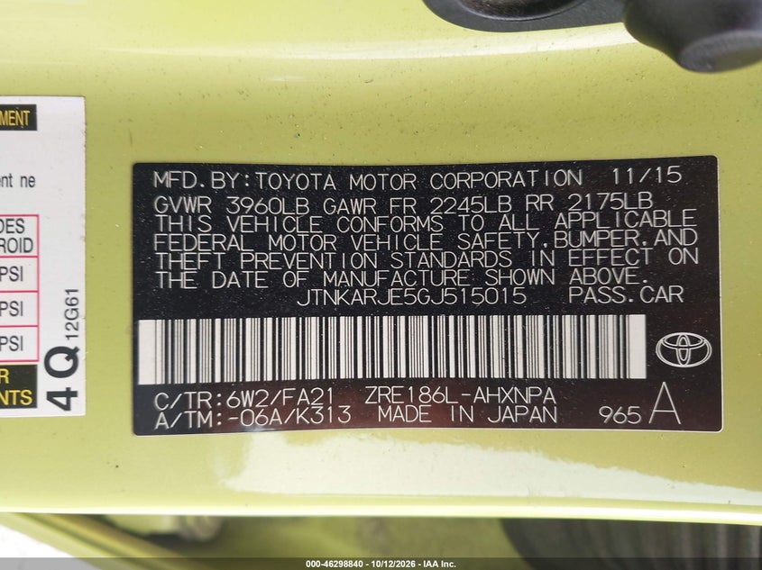 SCION IM 2016 VIN JTNKARJE5GJ515015