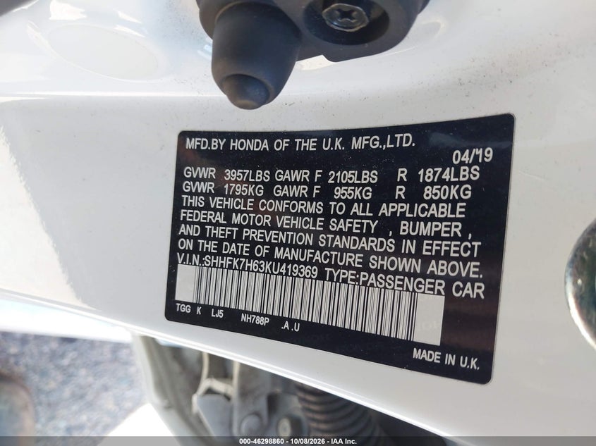 HONDA CIVIC 2019 VIN SHHFK7H63KU419369