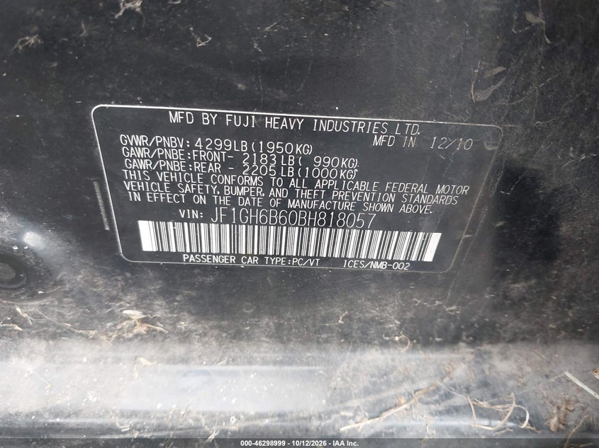 SUBARU IMPREZA 2011 VIN JF1GH6B60BH818057