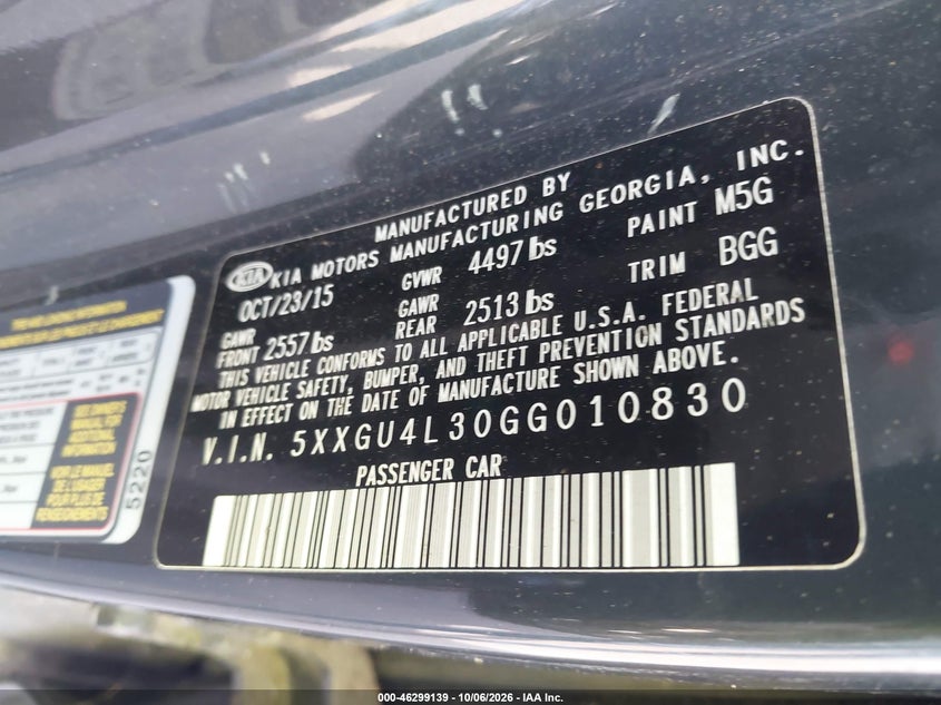 KIA OPTIMA 2016 VIN 5XXGU4L30GG010830