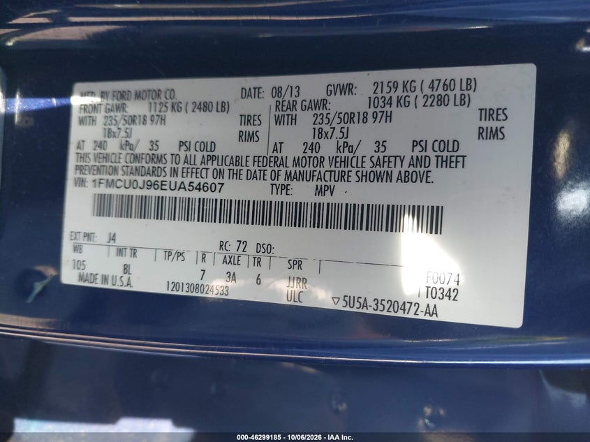 FORD ESCAPE 2014 VIN 1FMCU0J96EUA54607