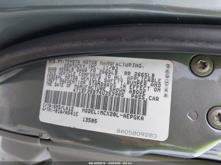 TOYOTA AVALON 2004 VIN 4T1BF28B74U353905