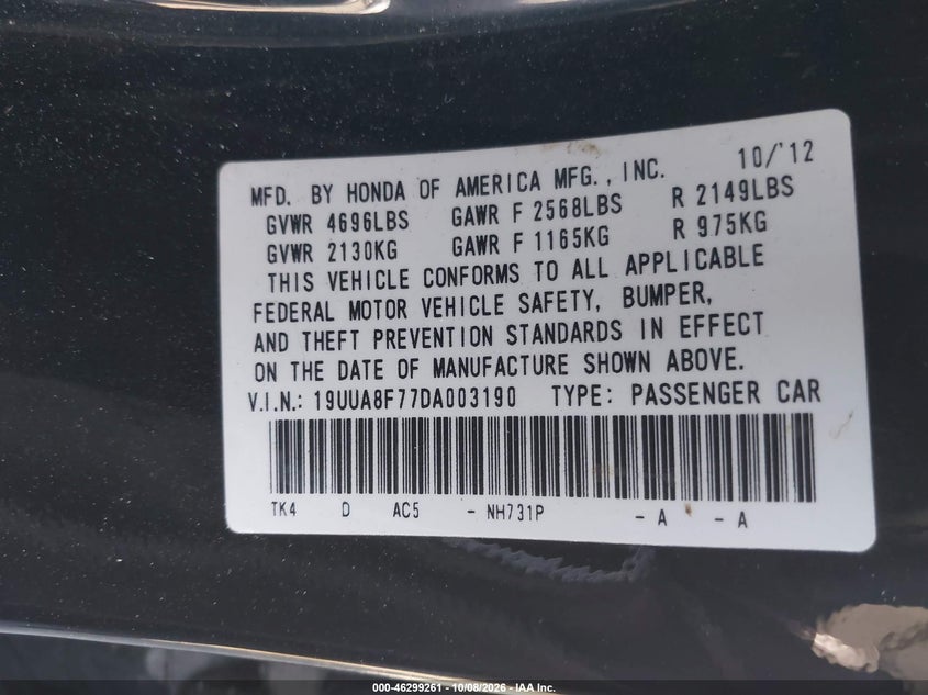 ACURA TL 2013 VIN 19UUA8F77DA003190