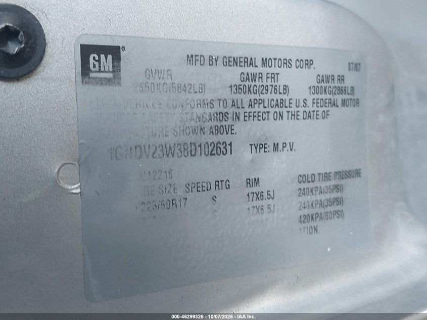 CHEVROLET UPLANDER 2008 VIN 1GNDV23W38D102631