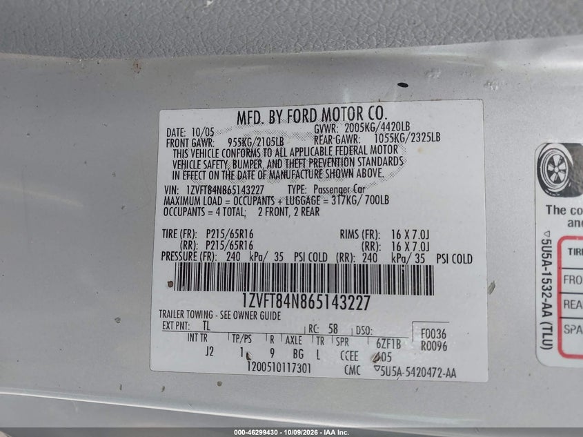 FORD MUSTANG 2006 VIN 1ZVFT84N865143227