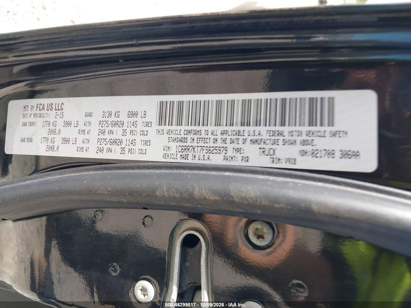 RAM 1500 2015 VIN 1C6RR7KT7FS625979