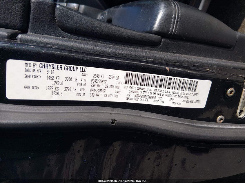 JEEP GRAND CHEROKEE 2011 VIN 1J4RR4GG5BC540608
