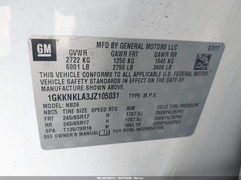 GMC ACADIA 2018 VIN 1GKKNKLA3JZ105031